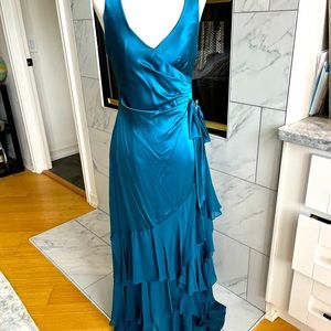 Teal blue Kay Unger Long evening dress, satin & chiffon